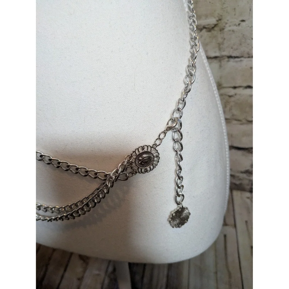 Silver Tone Chain Belt With Coin Accents Fully Adjustable Lightweight Aluminum